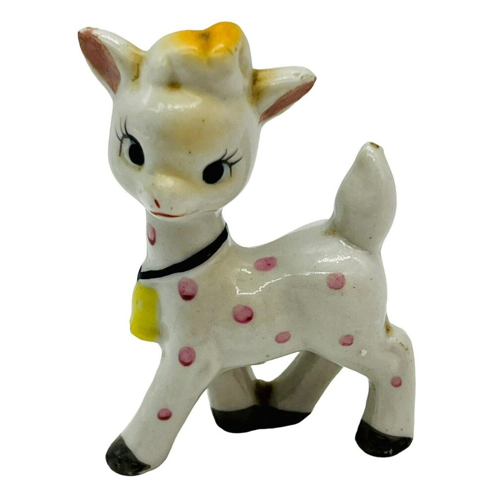 Vintage White Pink Polka Dot Lamb Cow‎ Yellow Bell Japan Kitsch Figurine 3 inch